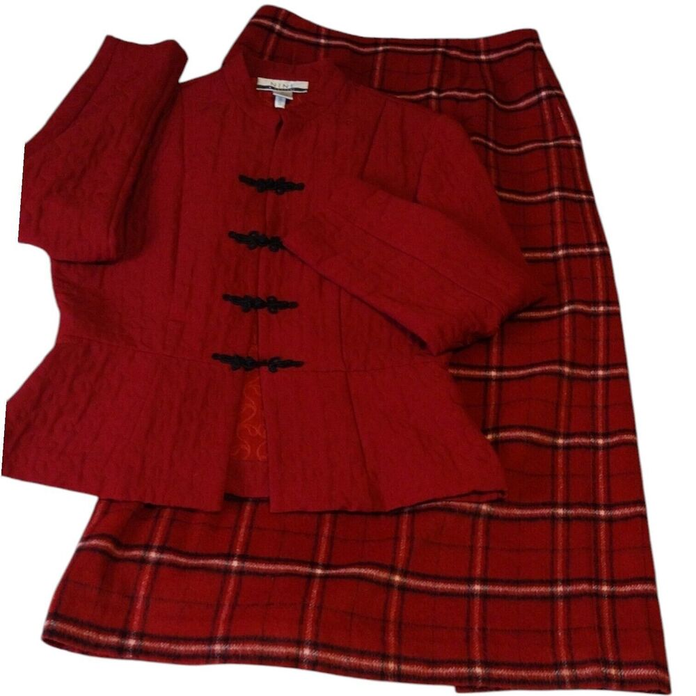 Nine & Company 2-piece Red Plaid Skirt Suit Red Quilted Blazer Size 10 Women's